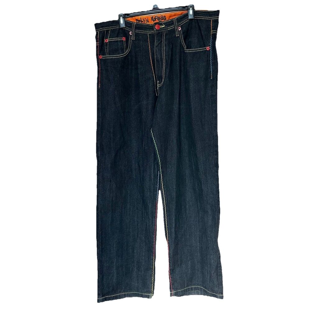 Bklynn Xpress Jeans 38x33 Embroidered Black Relaxed High Rise Grunge Y2K Indie